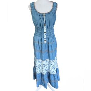 LAPIS ANTHROPOLOGIE Smocked Maxi Dress Blue Chambray‎ Womens Tiered Size Large